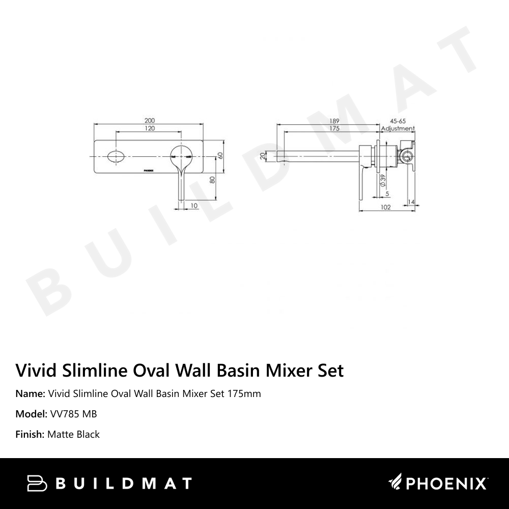 Vivid Slimline Oval Wall Basin Mixer Set 175mm Matte Black