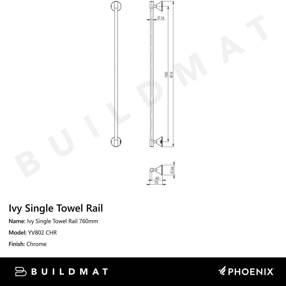 Ivy Single Towel Rail 760mm Chrome