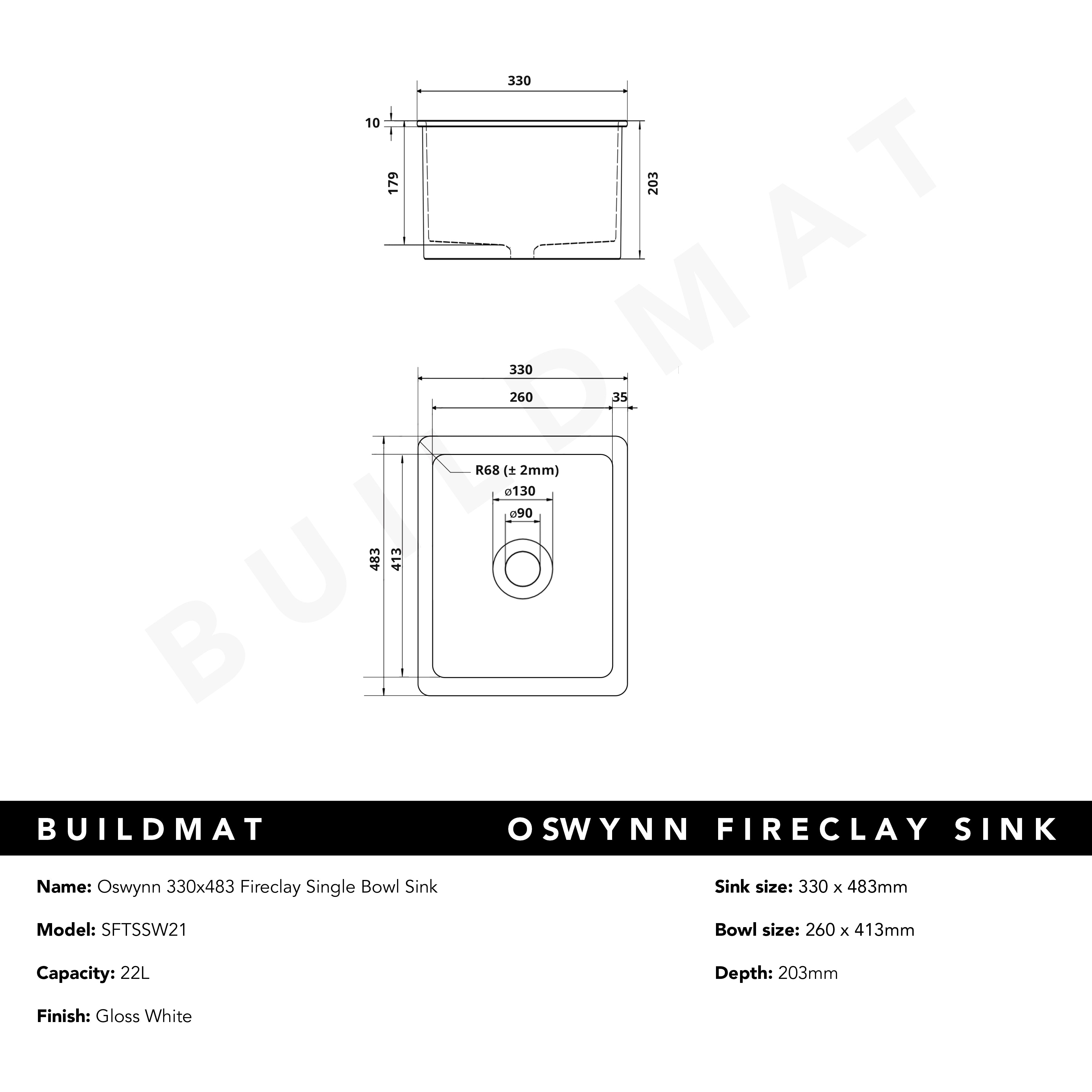 Oswynn 330x483 Gloss White Fireclay Single Bowl Sink