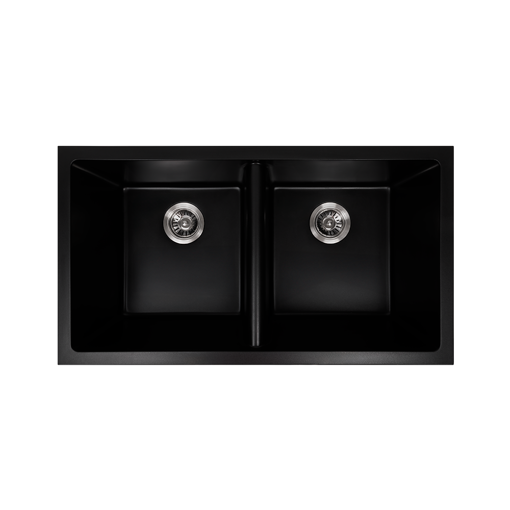 Keith 848x467 Black Granite Square Double Bowl Sink