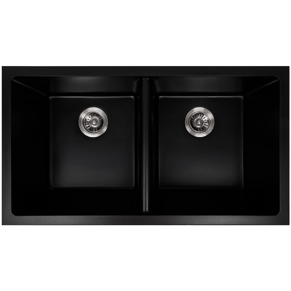 Keith 848x467 Black Granite Square Double Bowl Sink