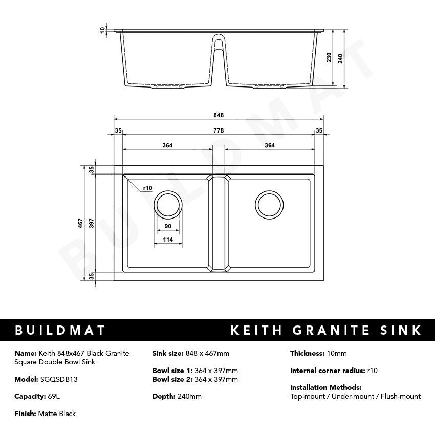 Keith 848x467 Black Granite Square Double Bowl Sink