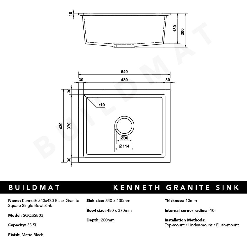 Kenneth 540x430 Black Granite Square Single Bowl Sink