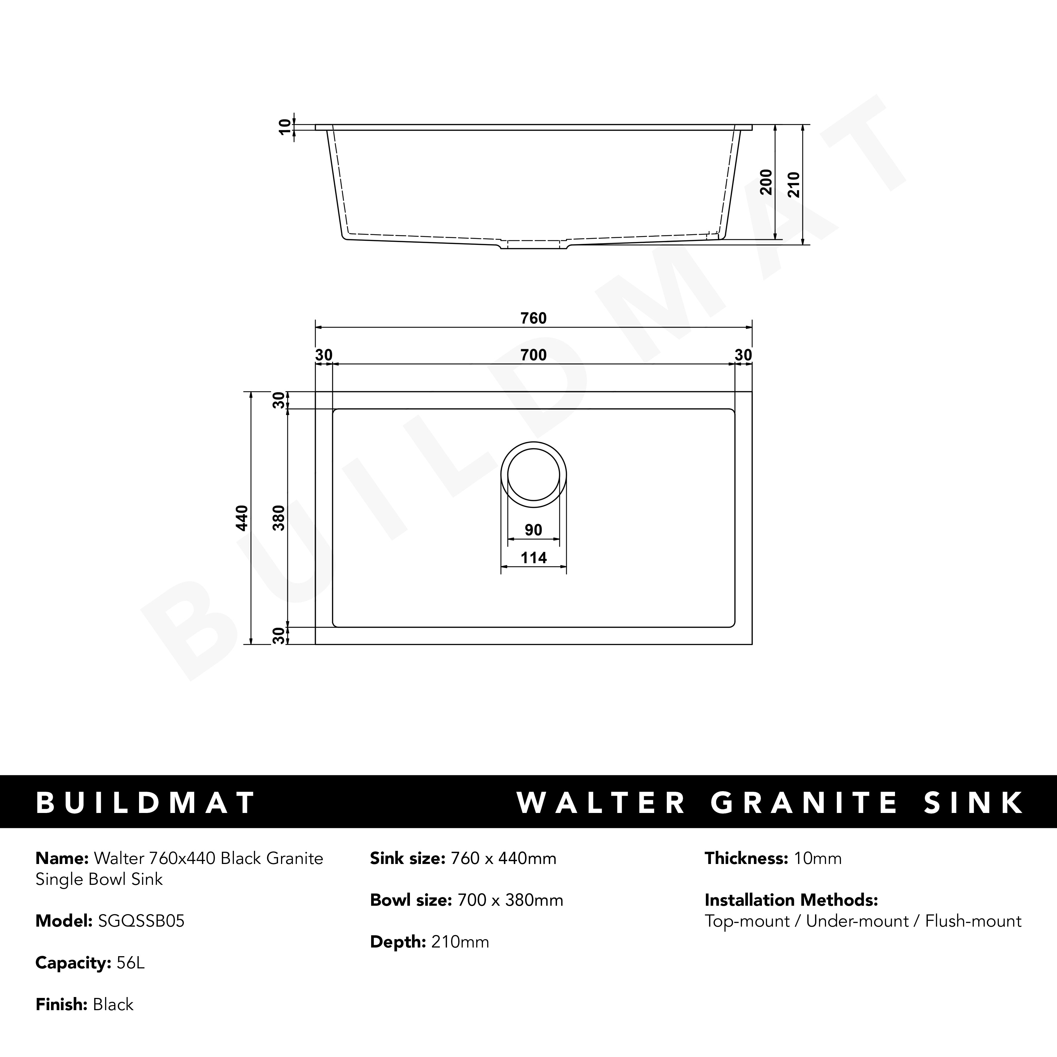 Walter 760x440 Black Granite Single Bowl Sink