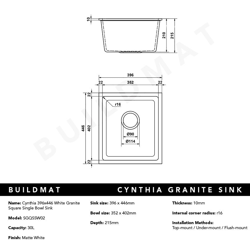 Cynthia 396x446 White Granite Square Single Bowl Sink