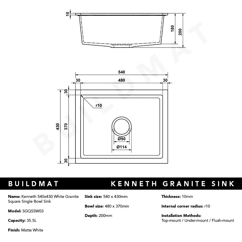 Kenneth 540x430 White Granite Square Single Bowl Sink