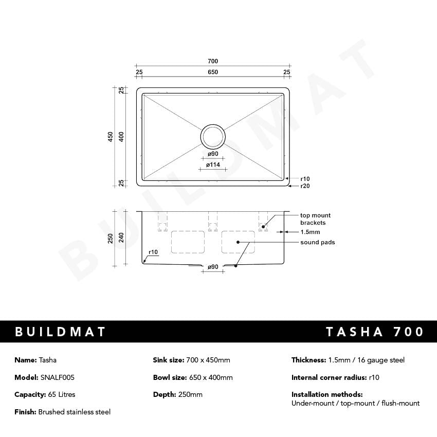 Tasha 700x450 Alfresco 316 Stainless Steel Sink