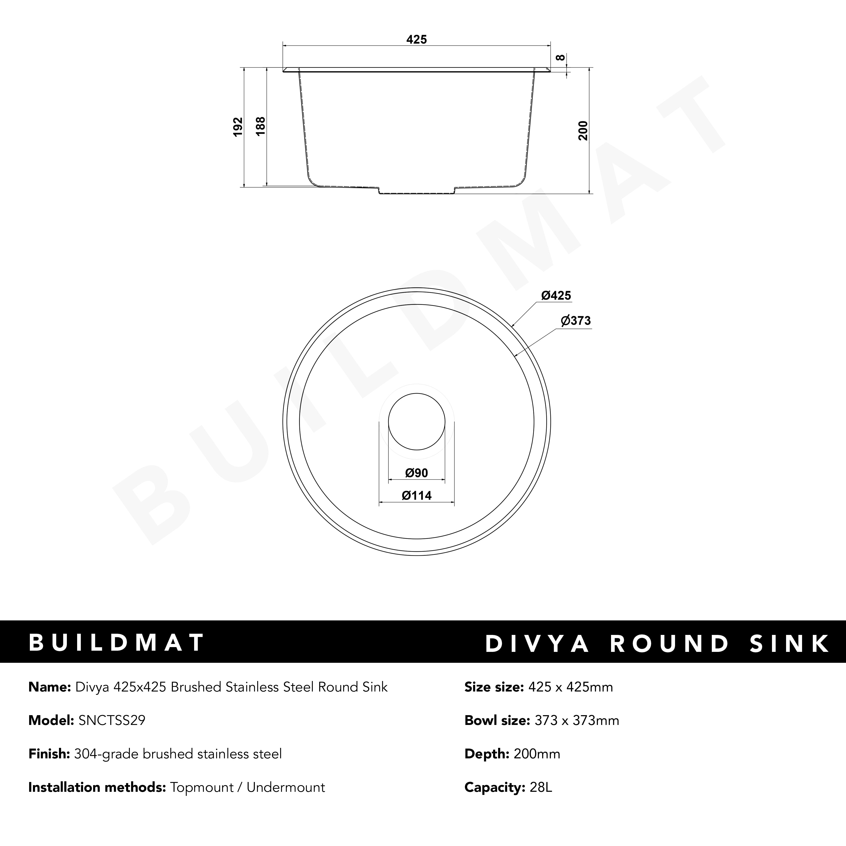 Divya 425x425 Brushed Stainless Steel Round Sink