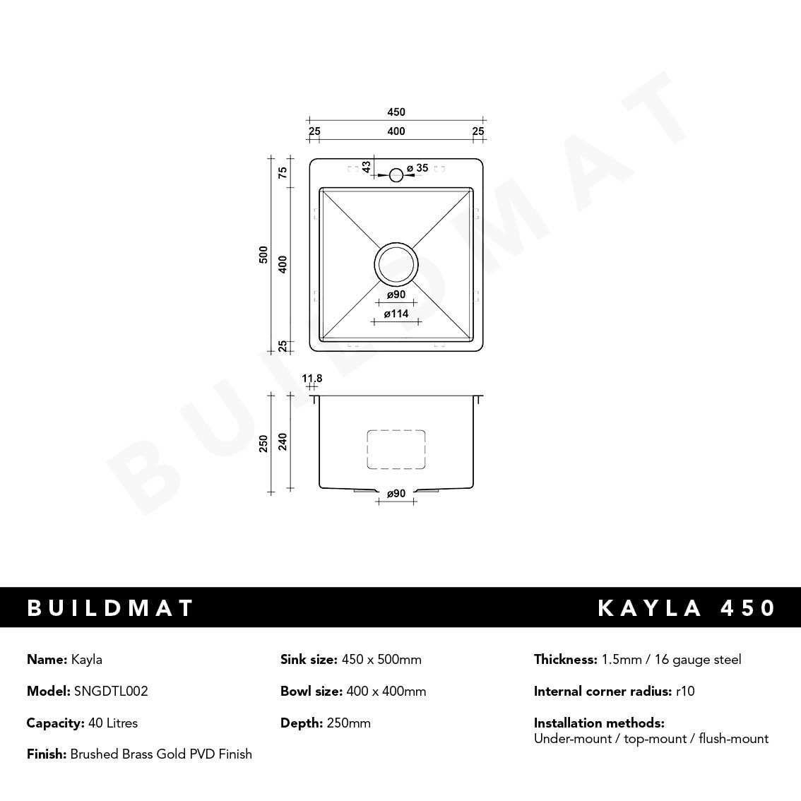 Kayla 450x500 Single Bowl Tap Landing Sink Brushed Brass Gold