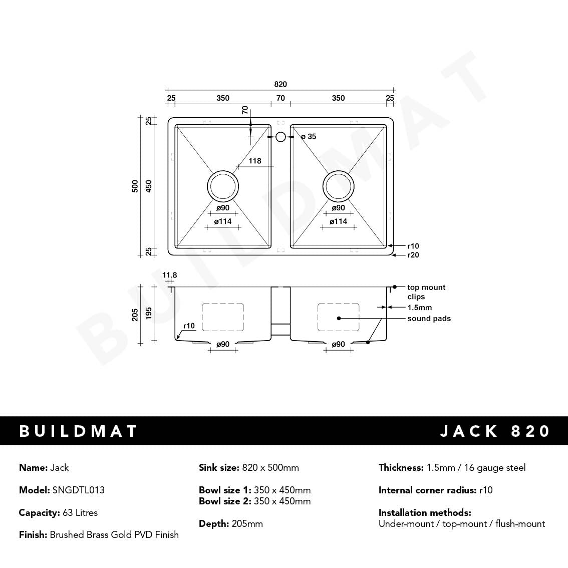 Jack 820x500 Double Bowl Tap Landing Sink Brushed Brass Gold