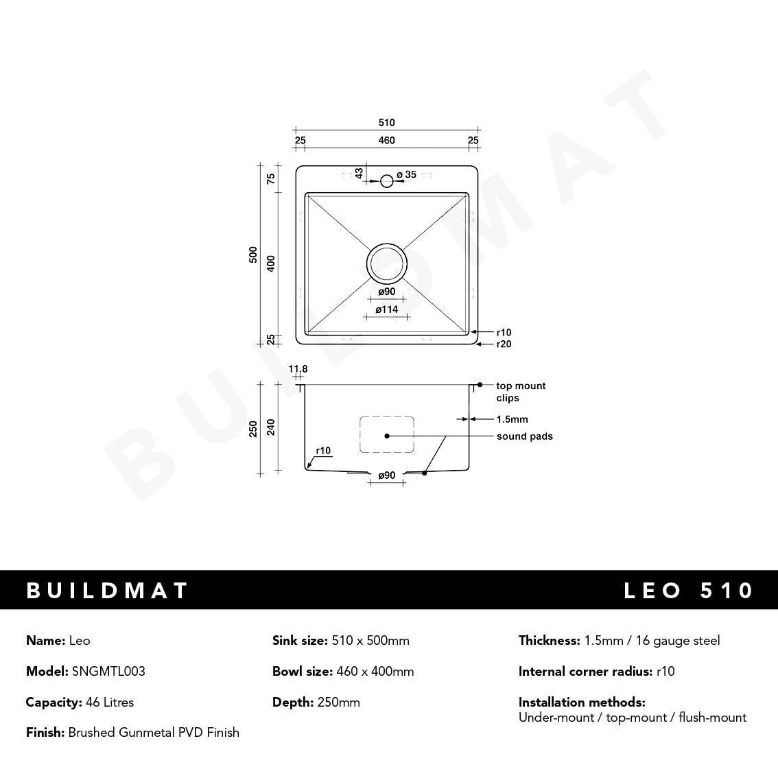 Leo 510x500 Single Bowl Tap Landing Sink Brushed Gunmetal