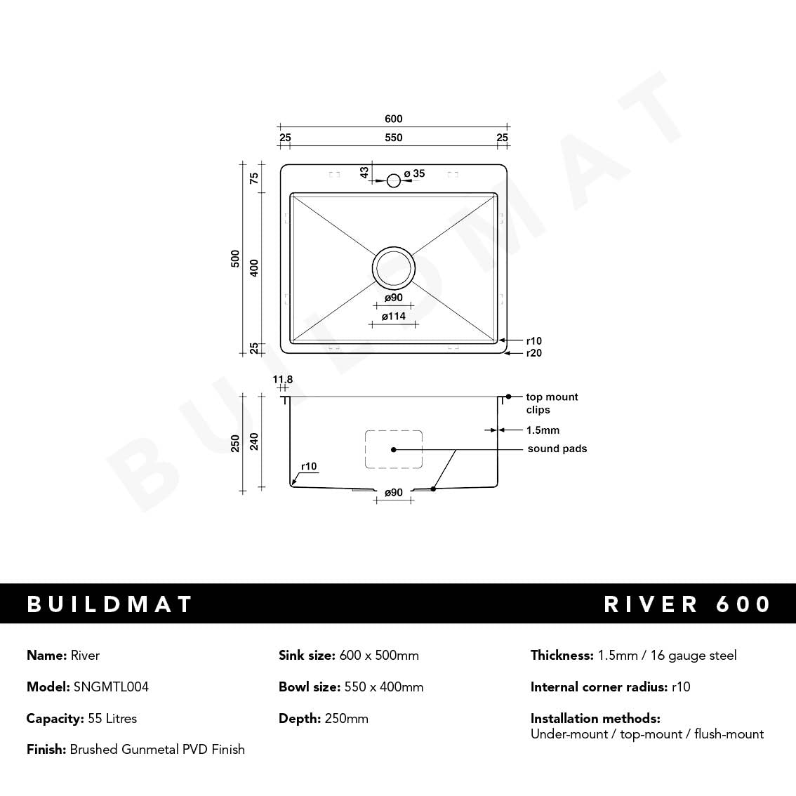 River 600x500 Medium Single Bowl Tap Landing Sink Brushed Gunmetal