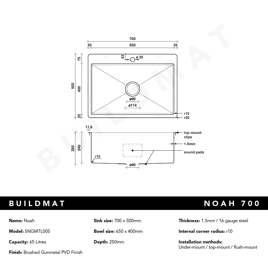 Noah 700x500 Large Single Bowl Tap Landing Sink Brushed Gunmetal