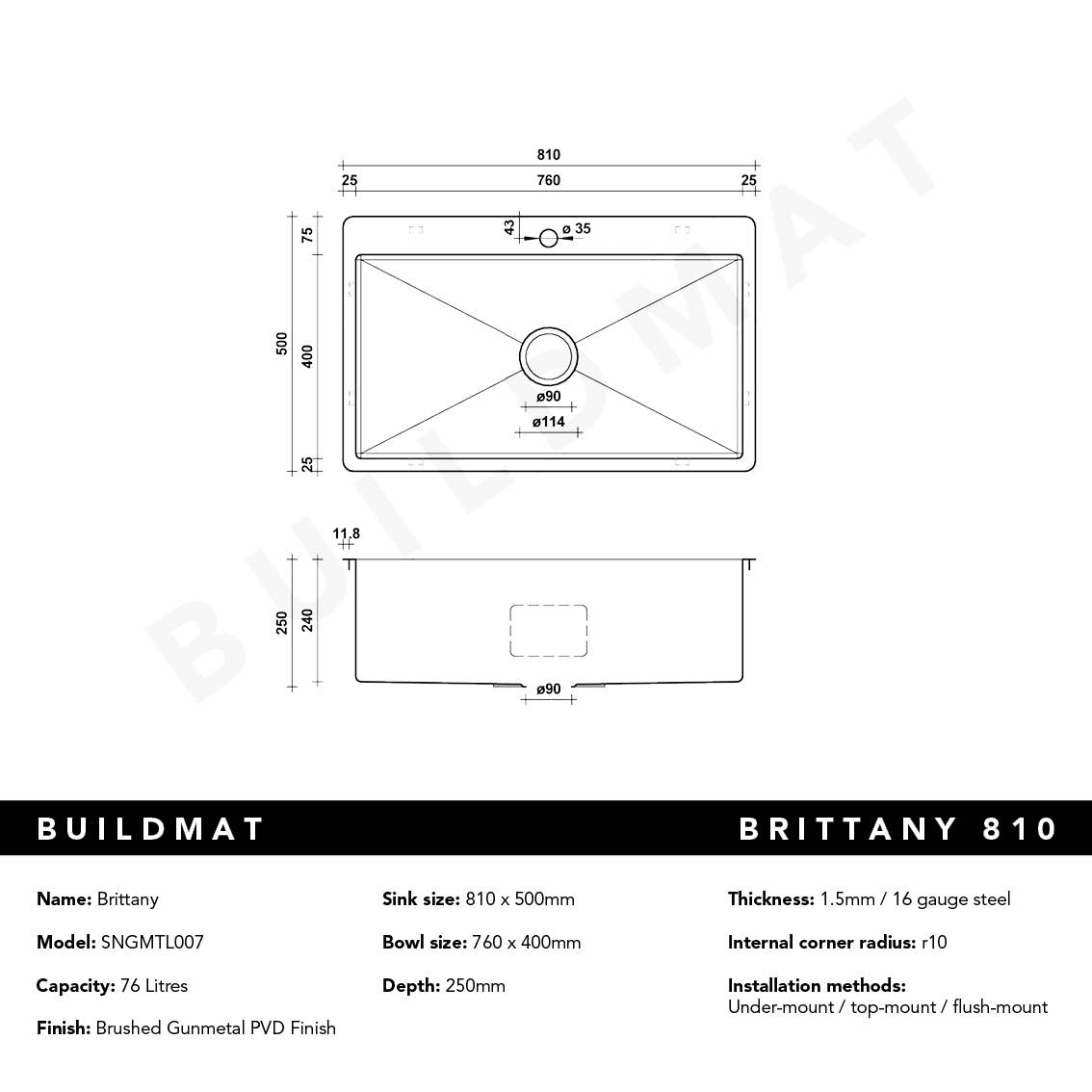 Brittany 810x500 XLarge Single Bowl Tap Landing Sink Brushed Gunmetal