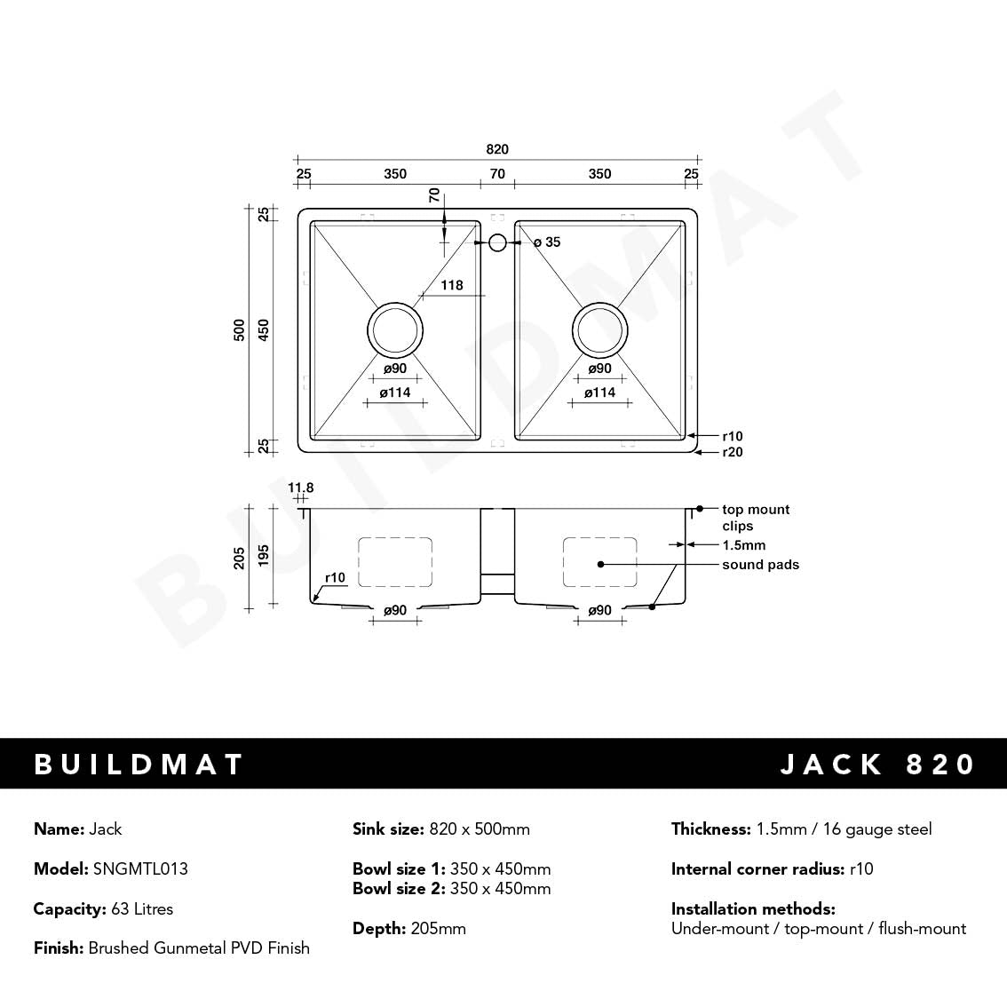 Jack 820x500 Double Bowl Tap Landing Sink Brushed Gunmetal