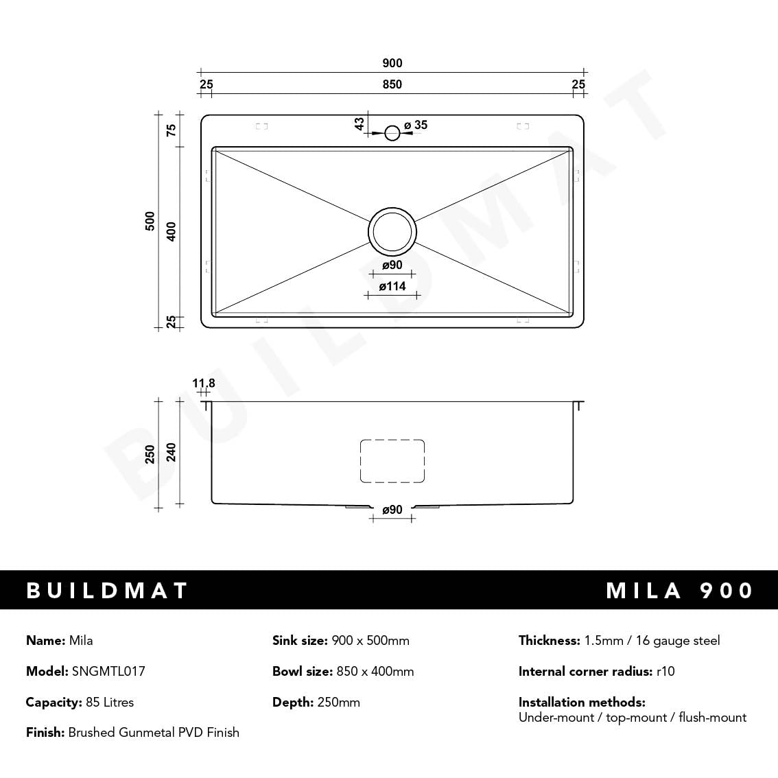 Mila 900x500 XXLarge Single Bowl Tap Landing Sink Brushed Gunmetal