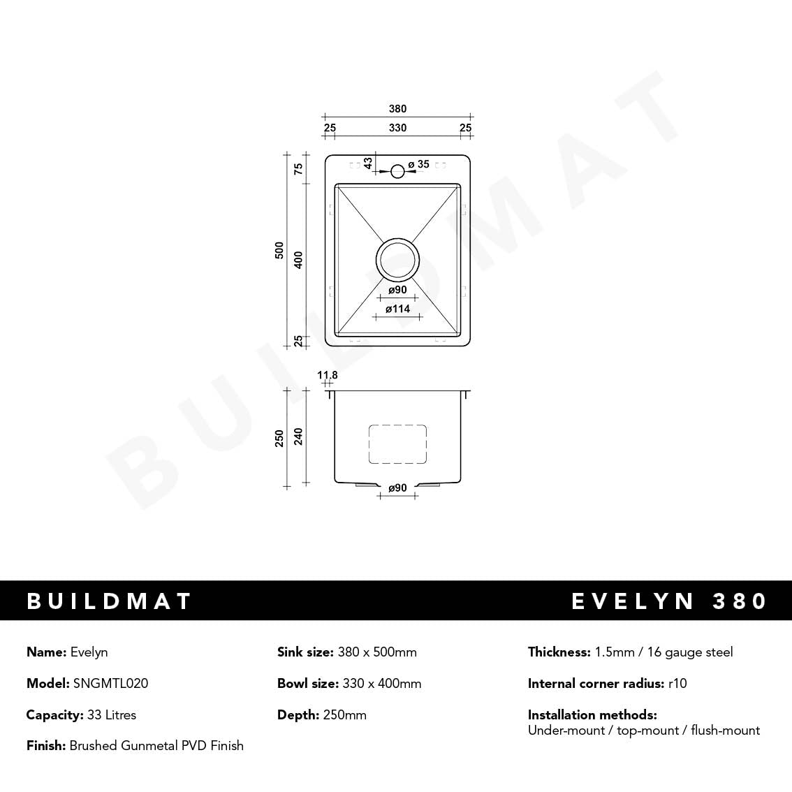 Evelyn 380x500 Single Bowl Tap Landing Sink Brushed Gunmetal