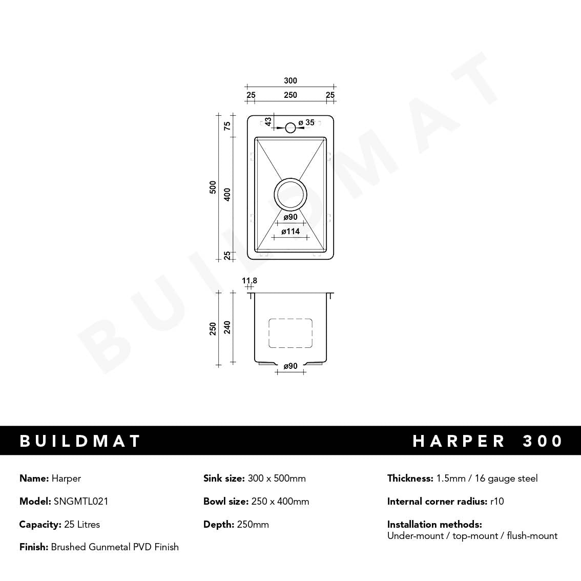 Harper 300x500 Single Bowl Butler Tap Landing Sink