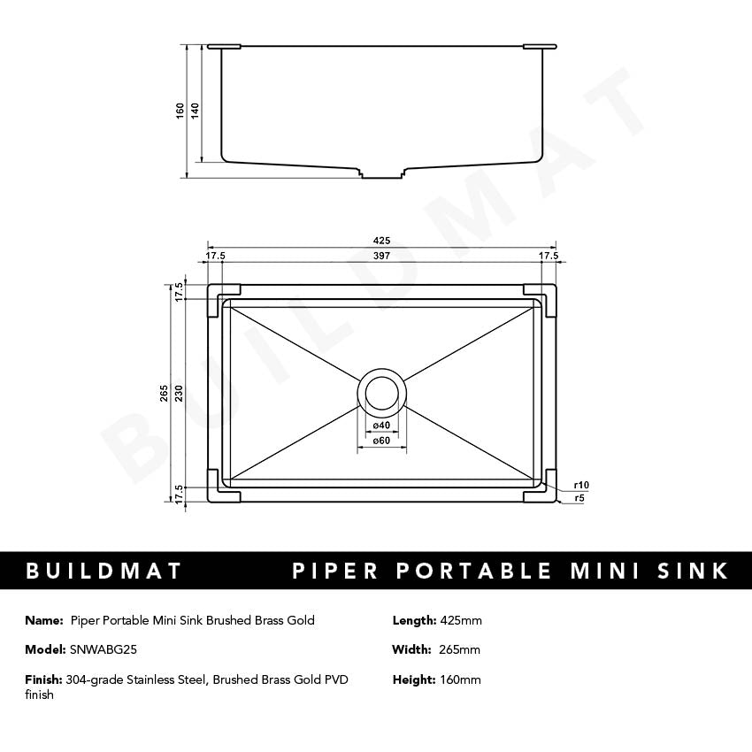 Piper Portable Mini Sink Brushed Brass Gold