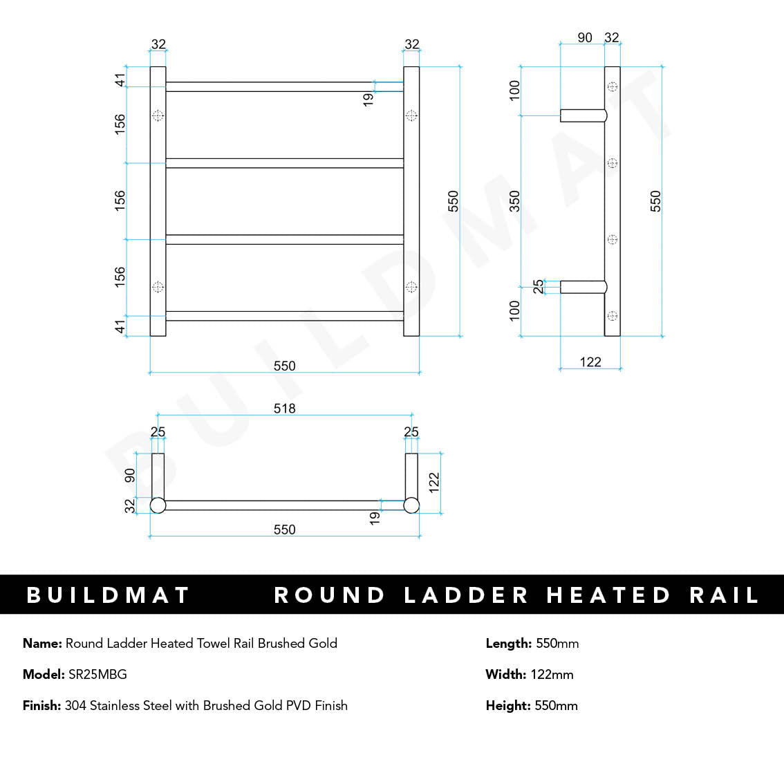 Round Ladder Heated Towel Rail Brushed Gold