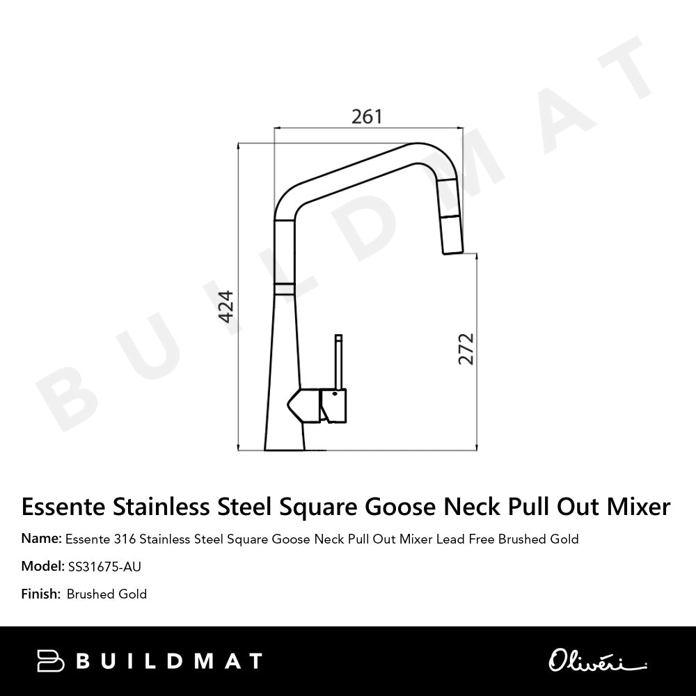 Essente 316 Stainless Steel Square Goose Neck Pull Out Mixer Lead Free Brushed Gold