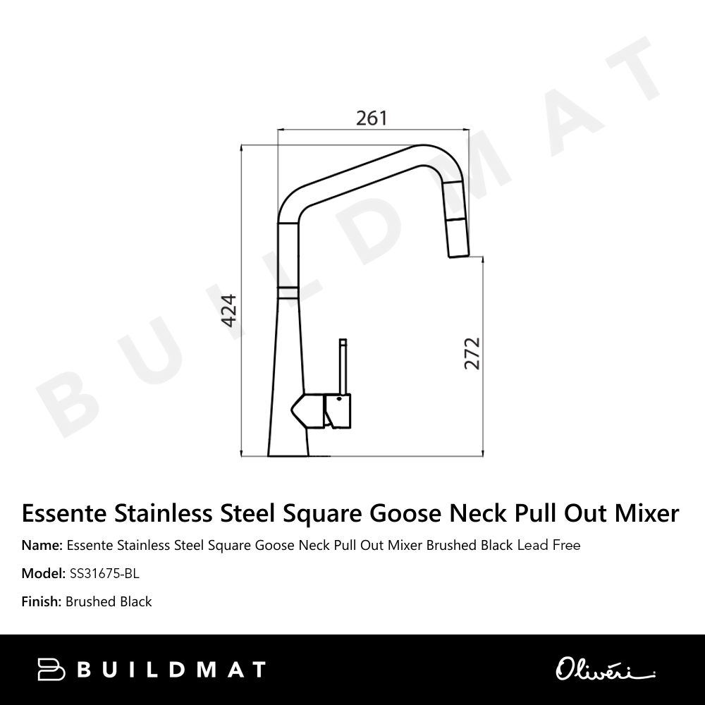 Essente 316 Stainless Steel Square Goose Neck Pull Out Mixer Lead Free Brushed Black