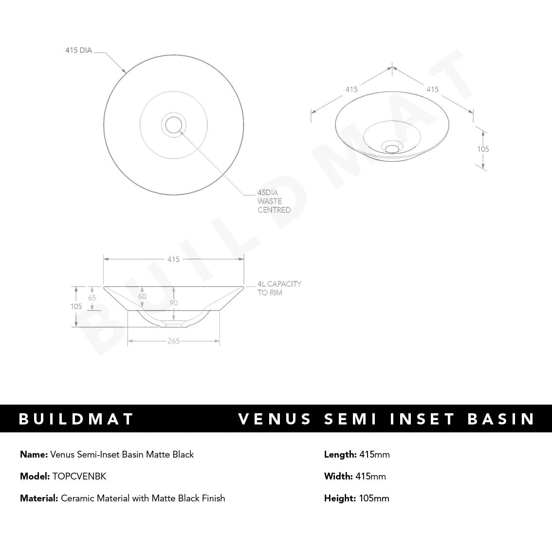 Venus Matte Black Semi-Inset Basin