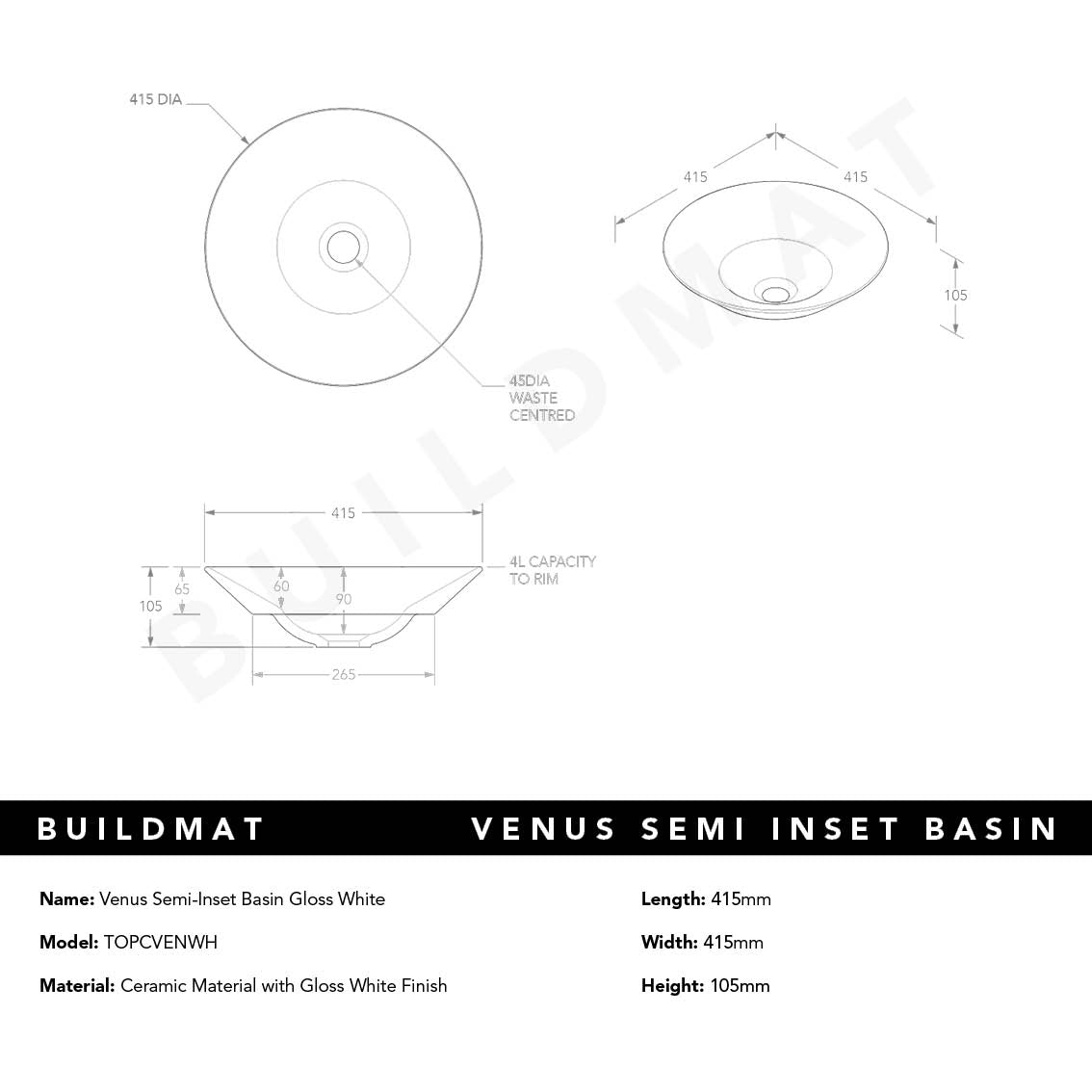 Venus Gloss White Semi-Inset Basin