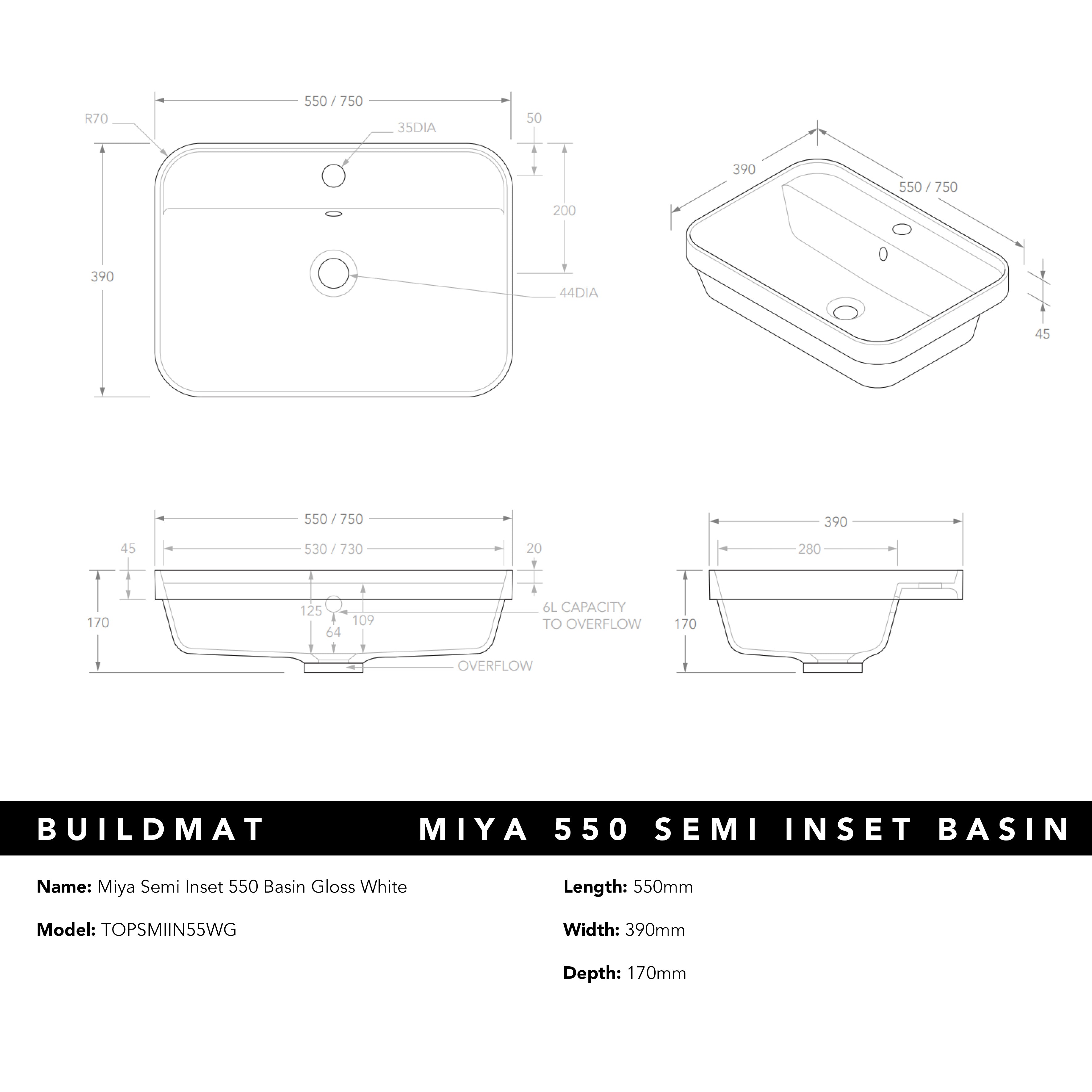 Miya Semi Inset 550 Basin Gloss White