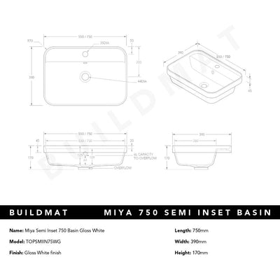 Miya Semi Inset 750 Basin Gloss White