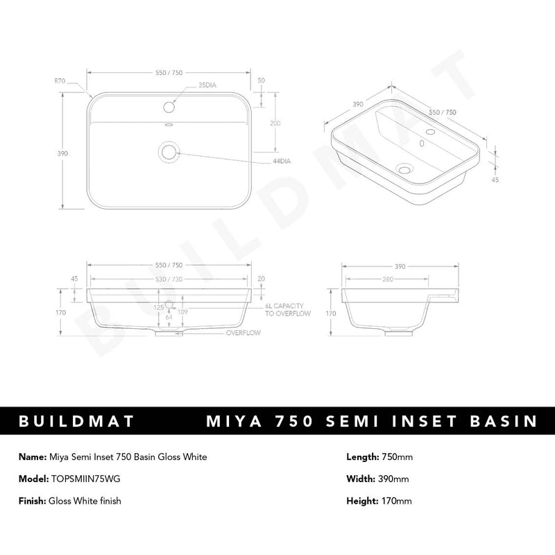 Miya Semi Inset 750 Basin Gloss White