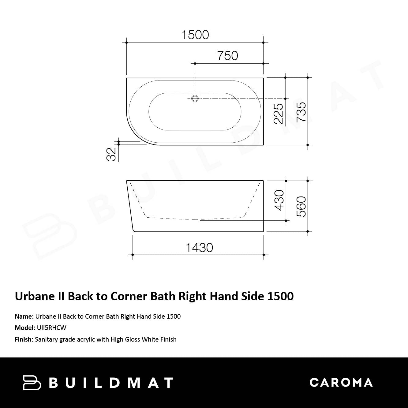 Urbane II Back to Corner Bath Right Hand Side 1500