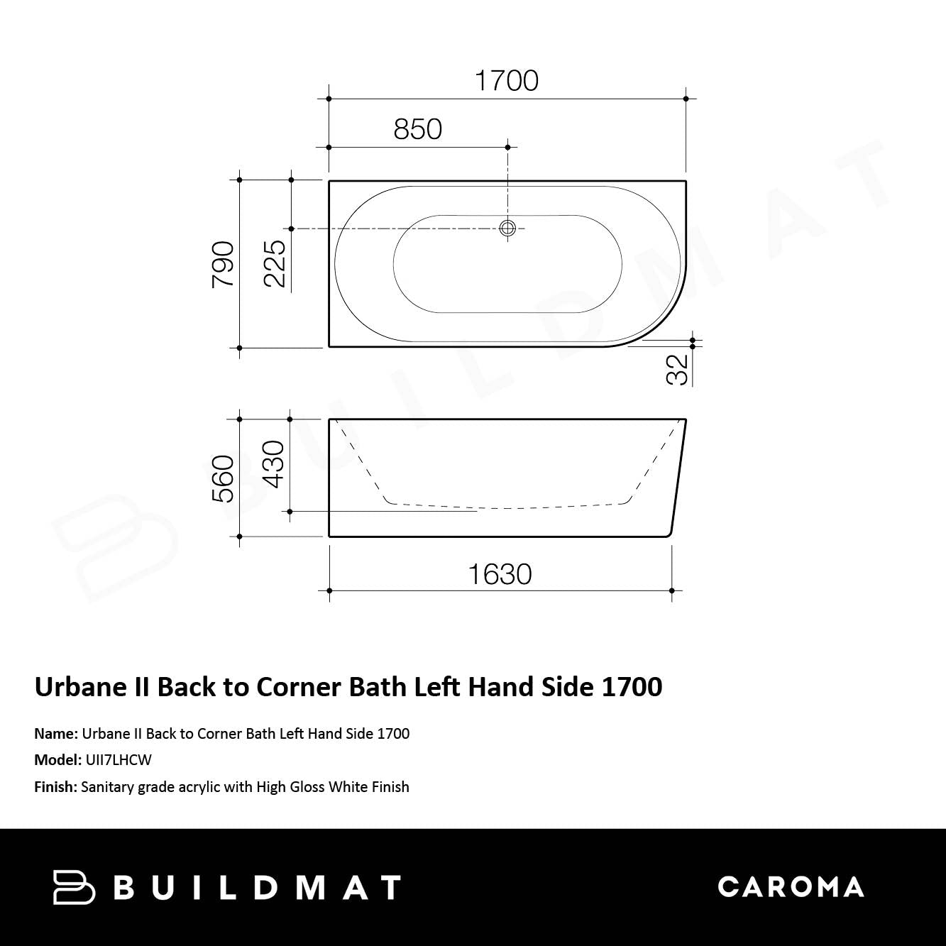 Urbane II Back to Corner Bath Left Hand Side 1700