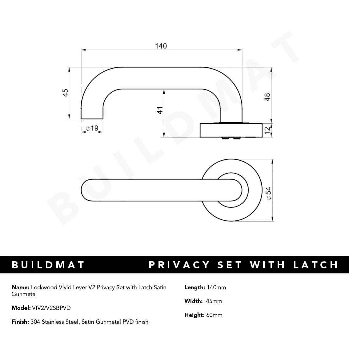 Lockwood Vivid Lever V2 Privacy Set with Latch Satin Gunmetal