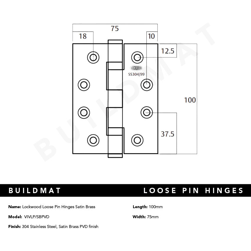 Lockwood Loose Pin Hinges Satin Brass