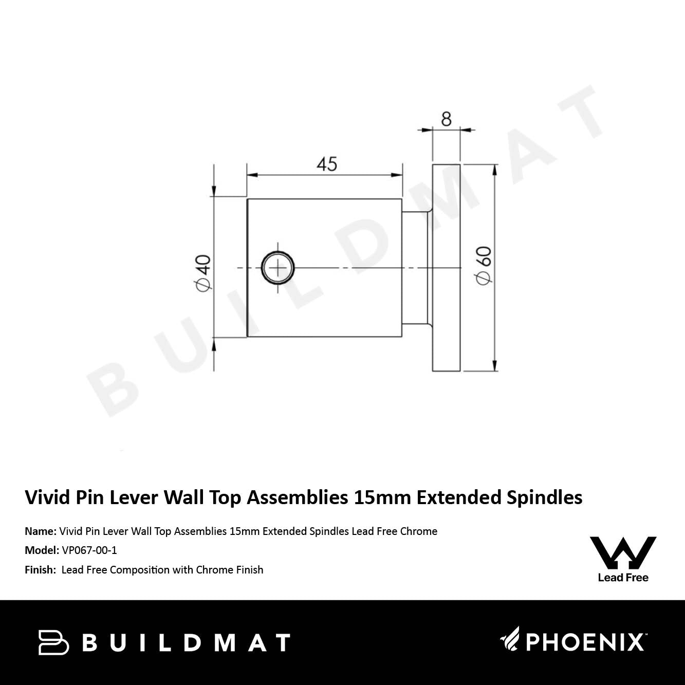 Vivid Pin Lever Wall Top Assemblies 15mm Extended Spindles Lead Free Chrome