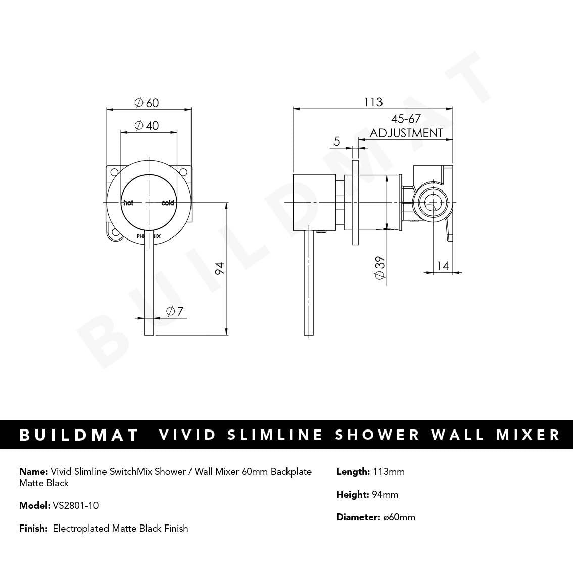 Vivid Slimline SwitchMix Shower / Wall Mixer 60mm Backplate Matte Black