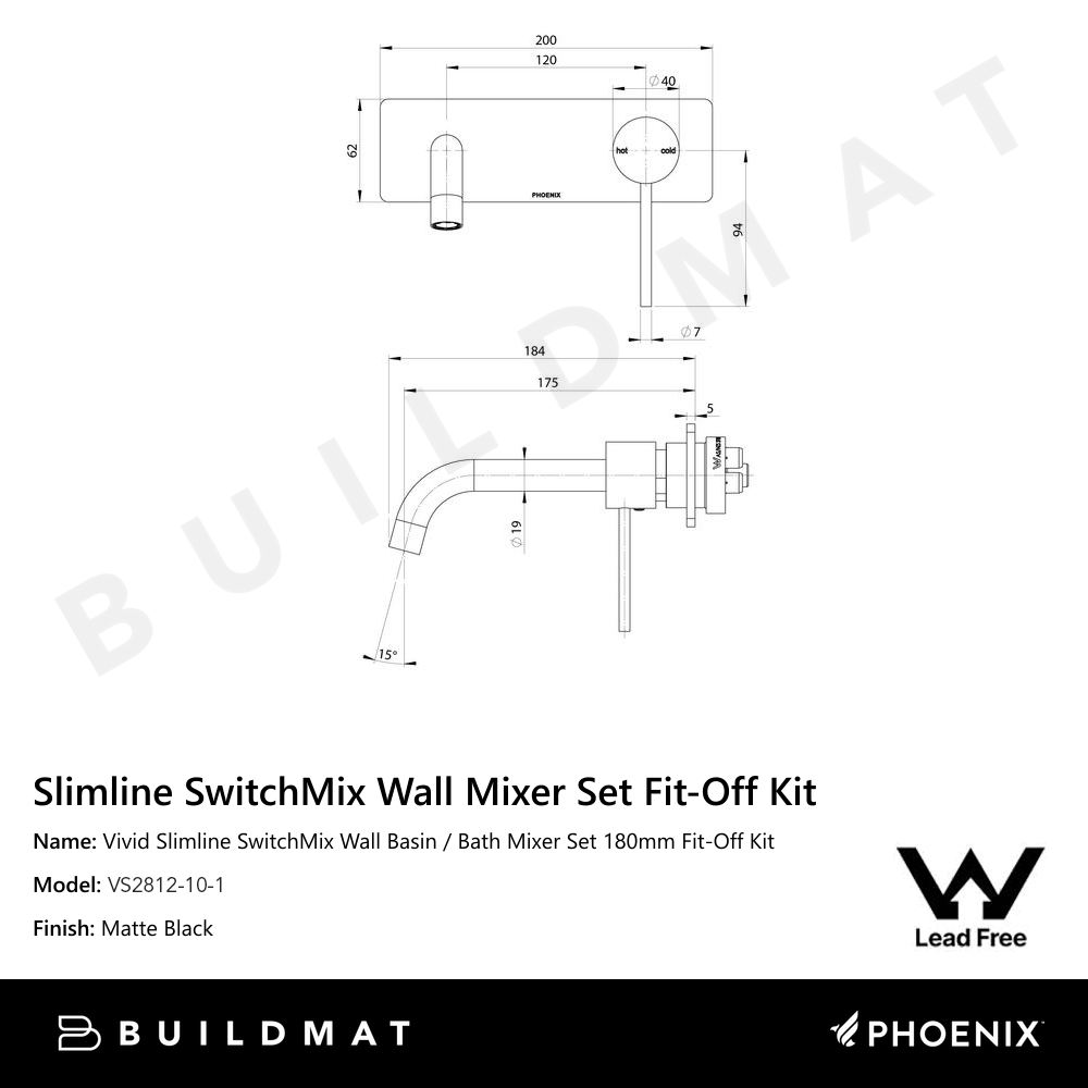 Vivid Slimline SwitchMix Wall Basin / Bath Mixer Set 180mm Fit-Off Kit Lead Free Matte Black