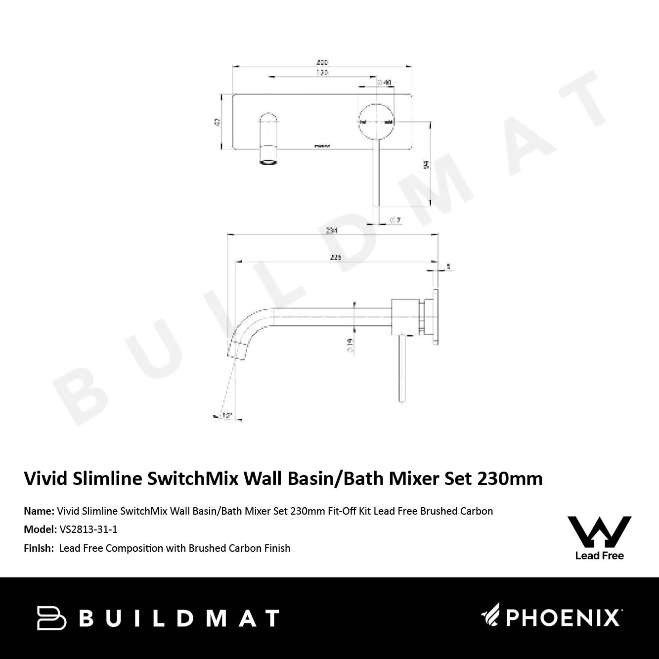 Vivid Slimline SwitchMix Wall Basin / Bath Mixer Set 230mm Fit-Off Kit Only Lead Free Brushed Carbon