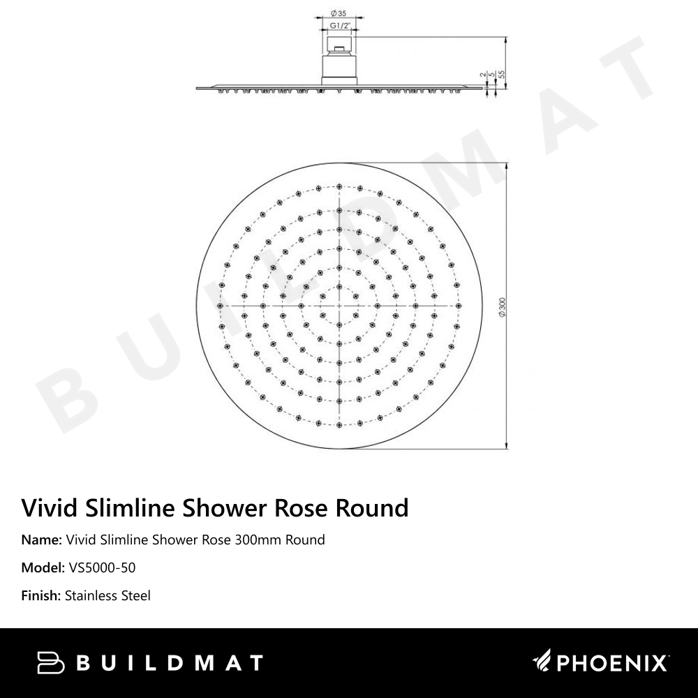 Vivid Slimline Shower Rose 300mm Round Stainless Steel