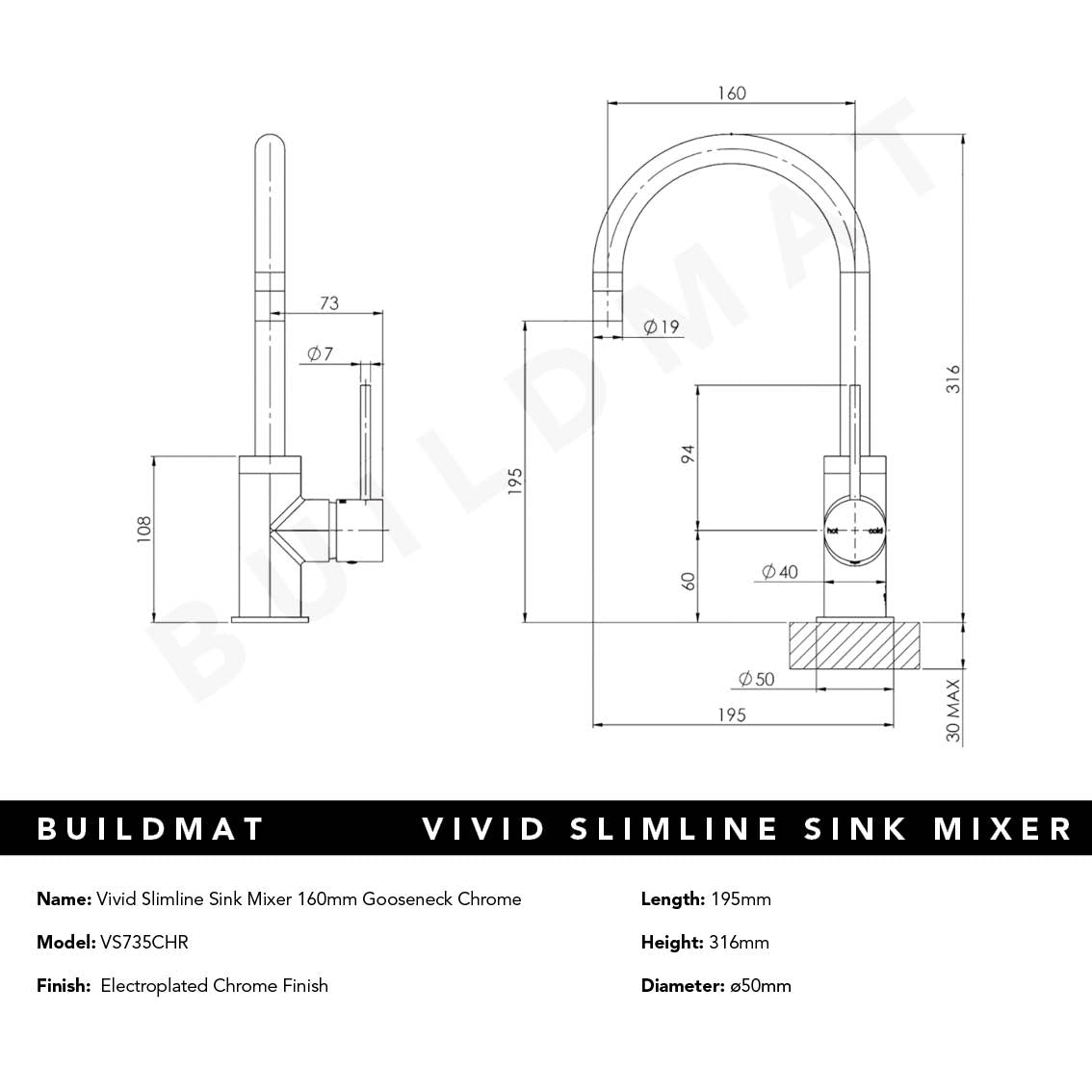 Vivid Slimline Chrome Sink Mixer 160mm Gooseneck