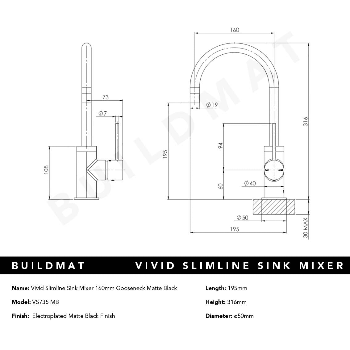 Vivid Slimline Matte Black Sink Mixer 160mm Gooseneck