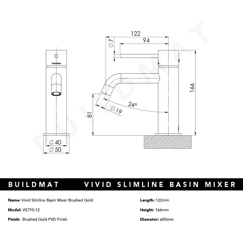 Vivid Slimline Basin Mixer Brushed Gold