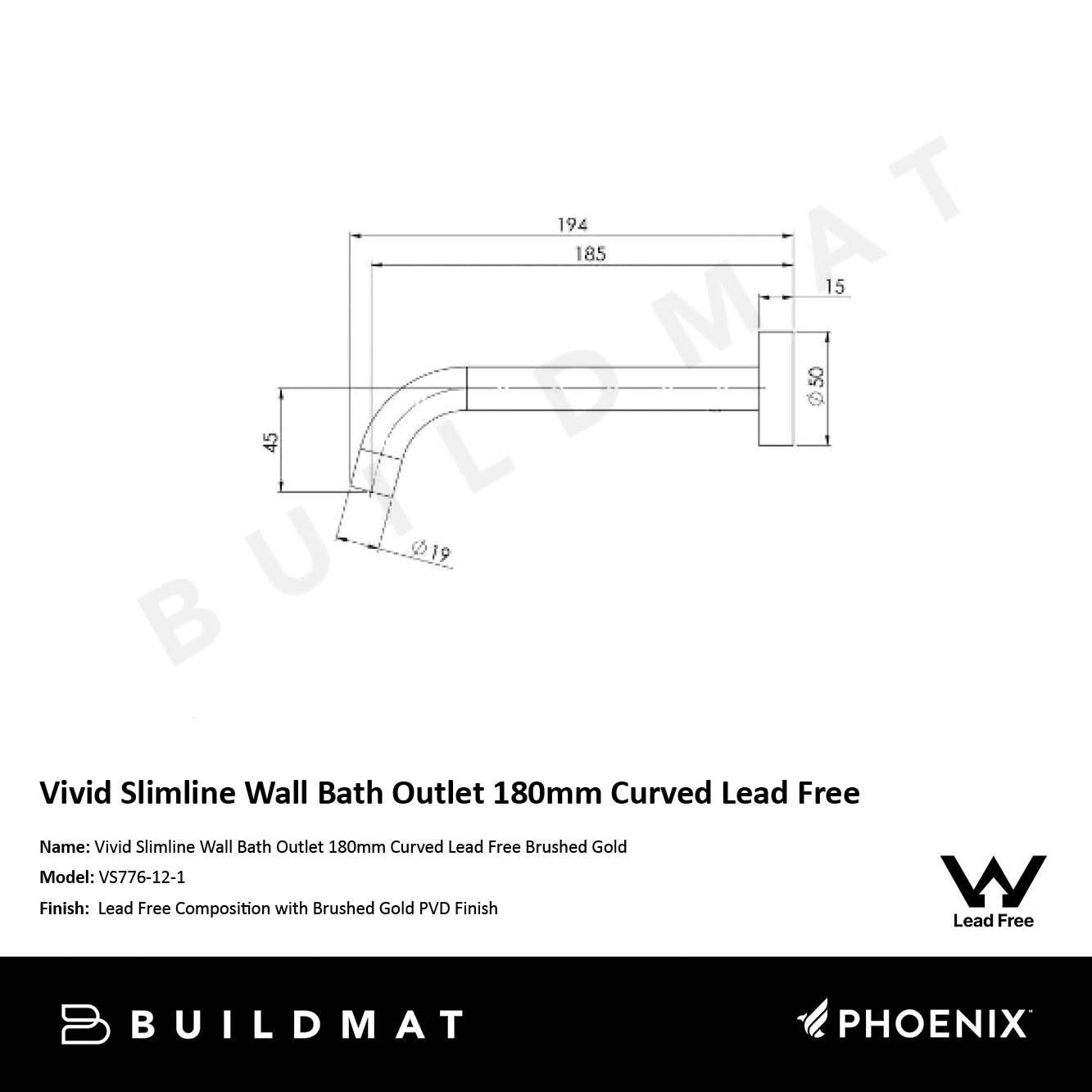 Vivid Slimline Wall Bath Outlet 180mm Curved Lead Free Brushed Gold