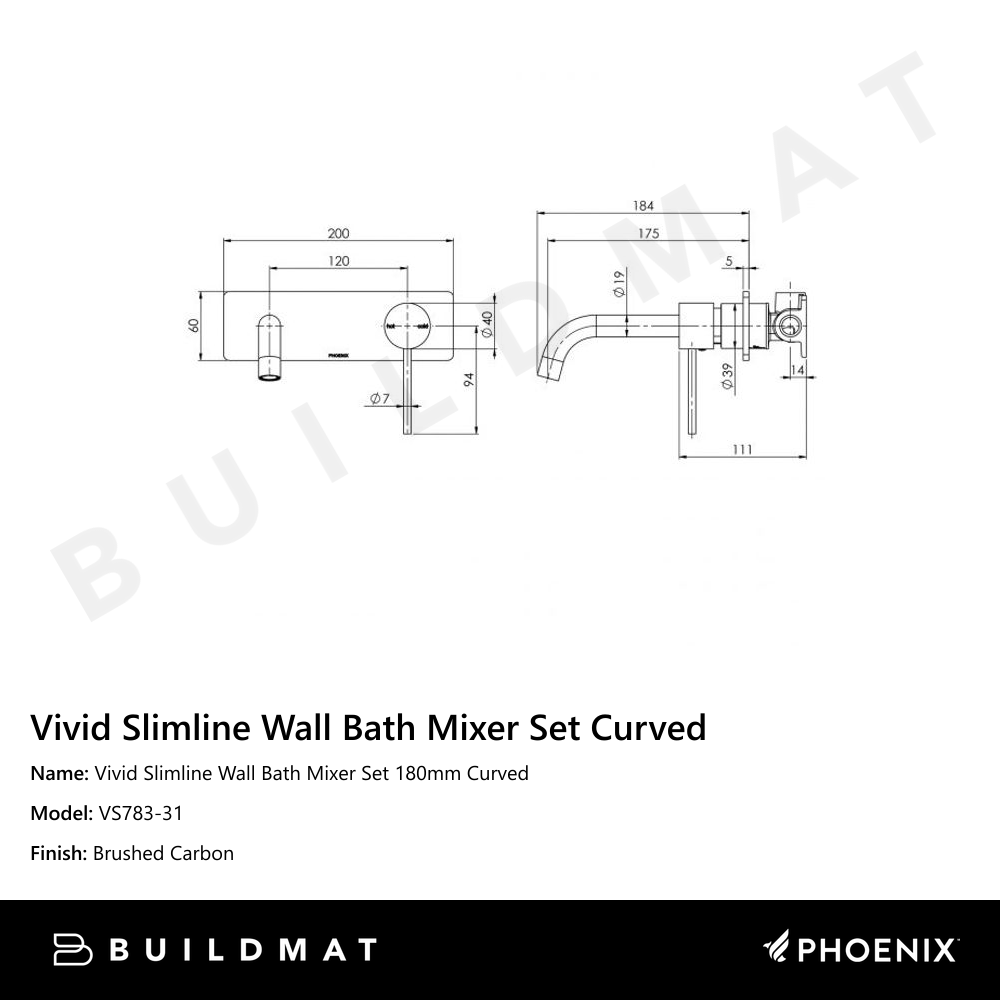 Vivid Slimline Wall Bath Mixer Set 180mm Curved Brushed Carbon