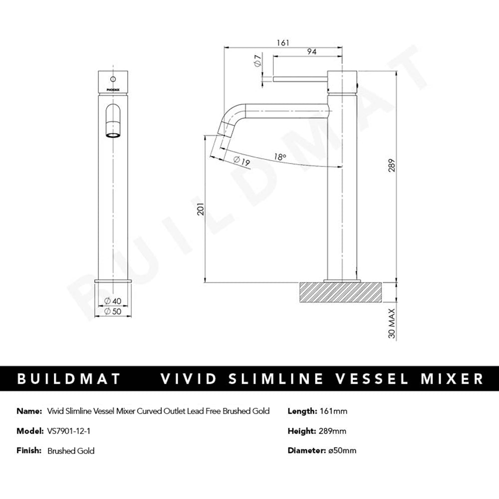 Vivid Slimline Vessel Mixer Curved Outlet Lead Free Brushed Gold