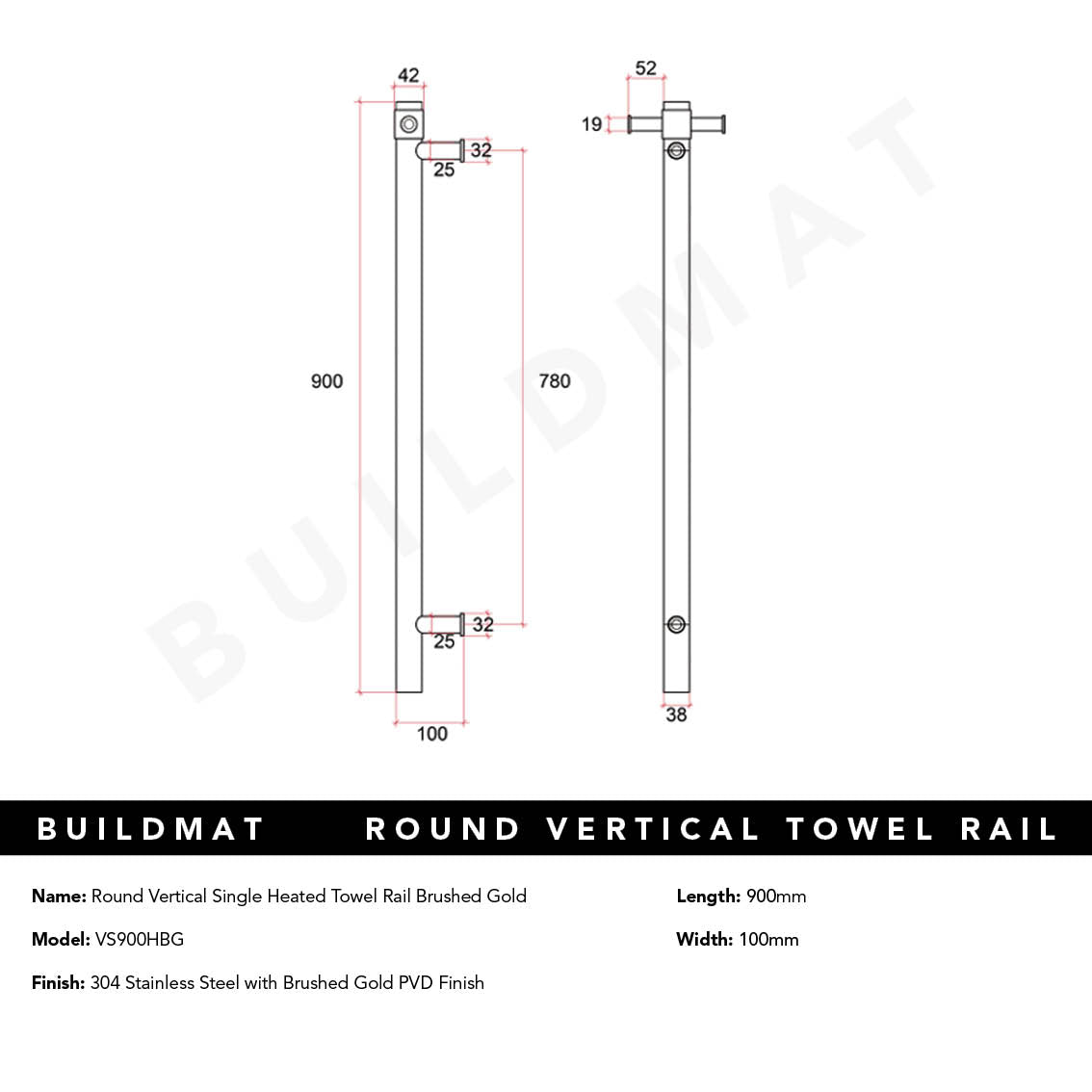 Straight Round Vertical Single Heated Towel Rail Brushed Gold