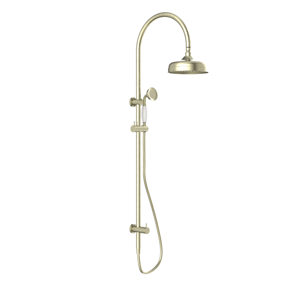 York Twin Shower with White Porcelain Hand Shower Aged Brass