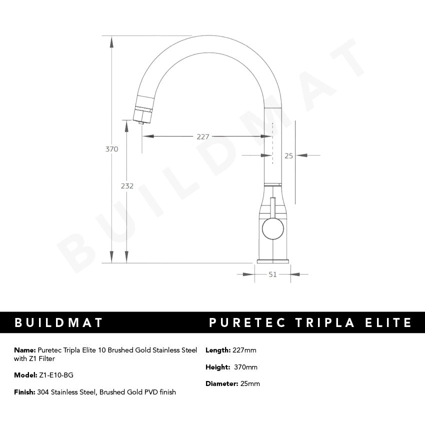 Puretec Tripla Elite 10 Brushed Gold Stainless Steel with Z1 Filter