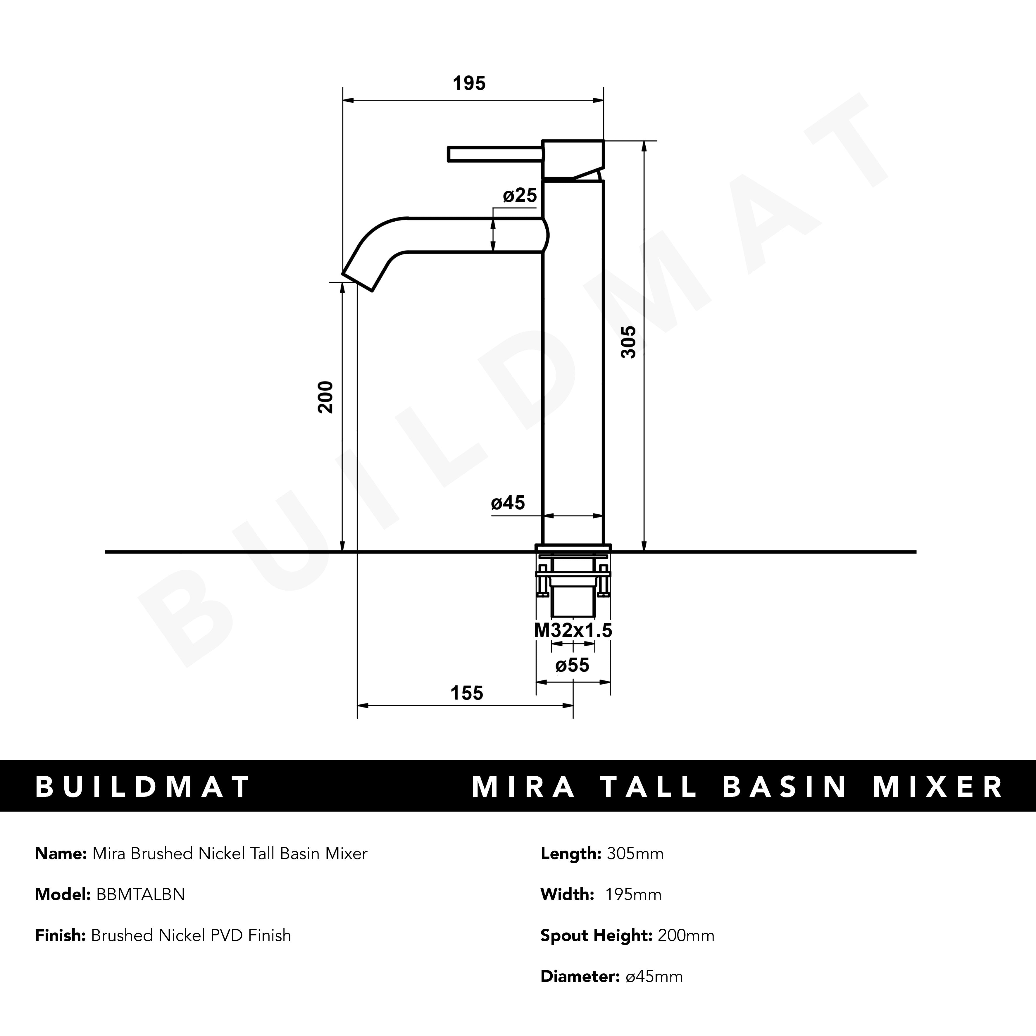 Mira Brushed Nickel Tall Basin Mixer